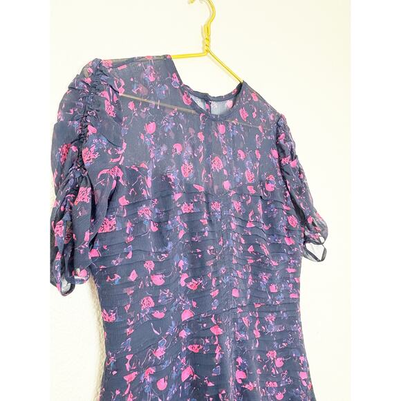 Tanya Taylor Falling Floral Carti Dress Size 10 Purple Silk Ruched Cocktail - Picture 9 of 12